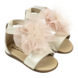 Δερμάτινο Πέδιλο Διακοσμημένο με Πον Πον PRI2599 Εκρου Ροζ