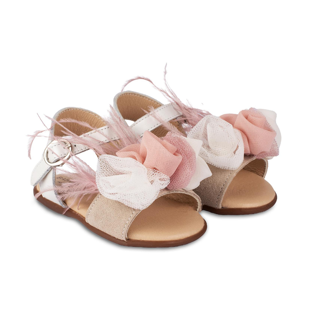 Πέδιλο Διακοσμημένο με Λουλούδια και Φτερά PRI2616 Εκρού Ροζ