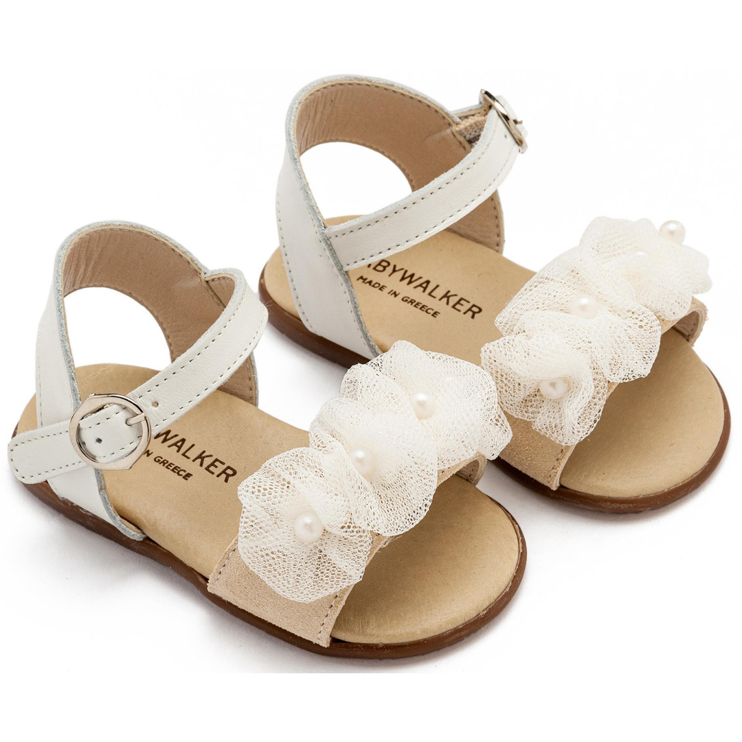 Πέδιλο με Λουλουδάκια και Πέρλες PRI2645 Εκρού