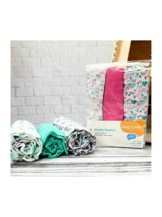 Babyono Πάνες Αγκαλιάς από Μουσελίνα σε Ροζ Χρώμα 70x70cm 3τμχ BN348/02 - Image 3