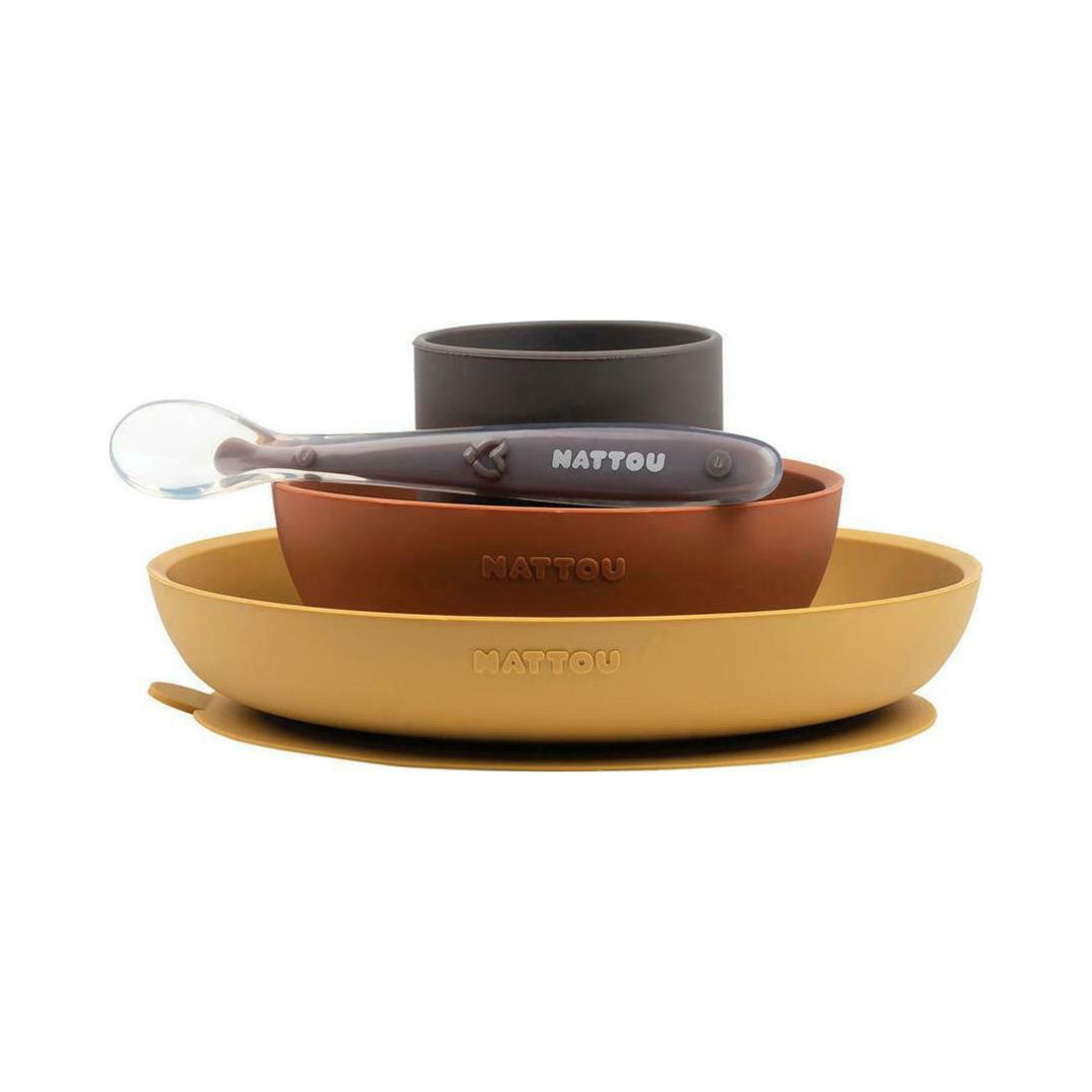Nattou Silicon Σετ φαγητού 4 τεμαχίων (ώχρα-terracotta) Ν877015