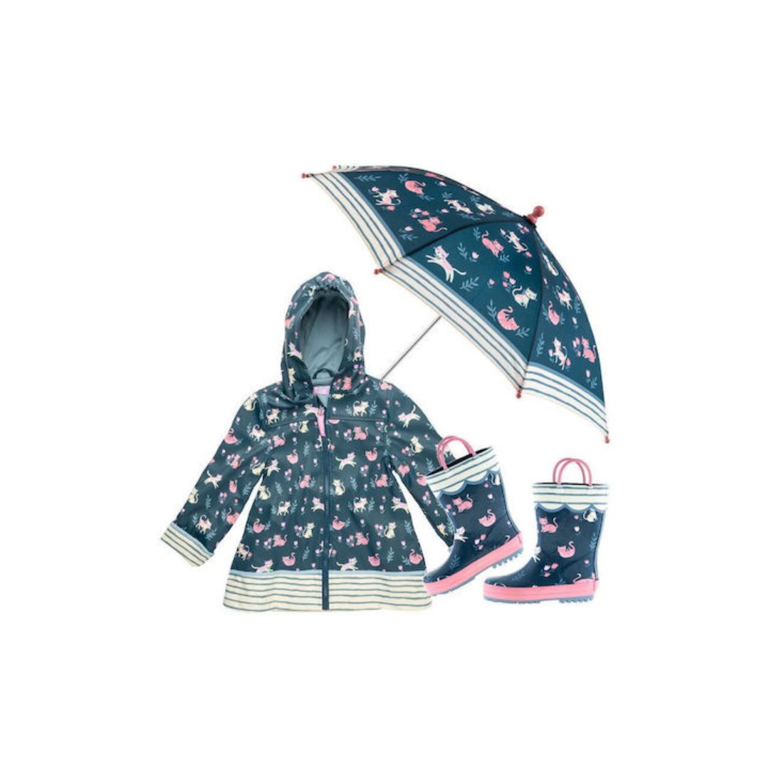 Stephen Joseph Αδιάβροχο Παιδικό Casual Μπουφάν Κοντό με Κουκούλα Μπλε Γατούλες - Image 3