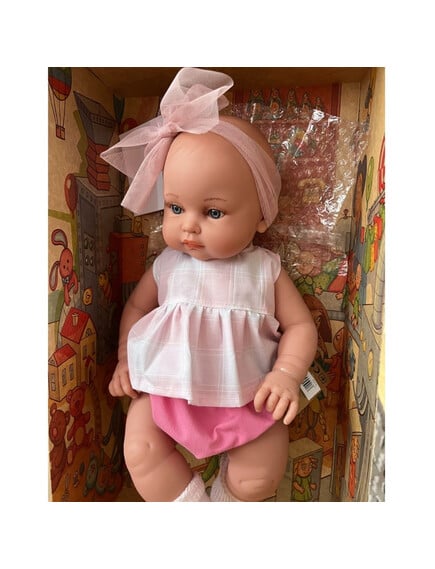 Magic baby Παιδική κούκλα μωρό "Alicia με φούξια-λευκό ρούχο και μεγάλο φιόγκο "-45εκ. - Image 3