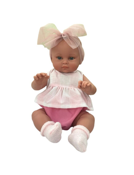 Magic baby Παιδική κούκλα μωρό "Alicia με φούξια-λευκό ρούχο και μεγάλο φιόγκο "-45εκ.