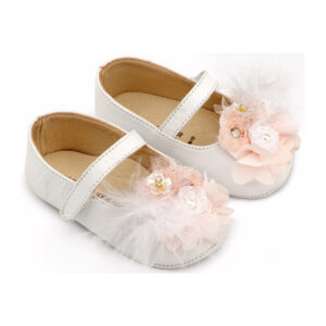 Γοβάκι Μονή Μπαρέτα με Υφασμάτινο Χειροποίητο Λουλούδι MI1663 Λευκό-Ροζ